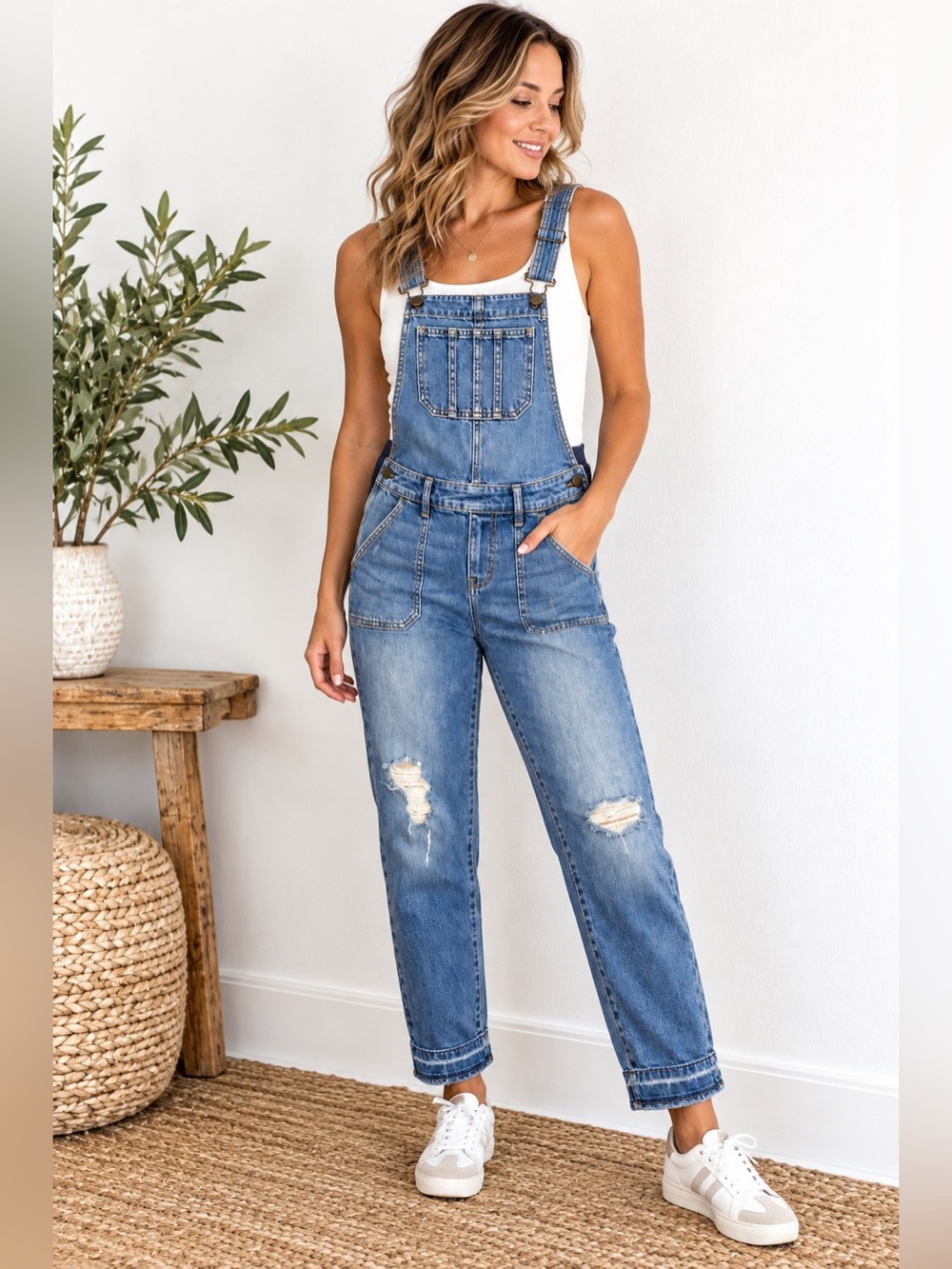 Indigo Blue XS Distressed Denim Overalls Stretch Side Panel Bib Jeans